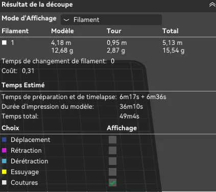 Résultat de la découpe dans Bambu Studio : 12,68 g pour le modèle, 2,87 g pour la tour, 49 min 4 s au total
