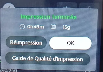 Écran de fin d’impression : 49 minutes, 15 g