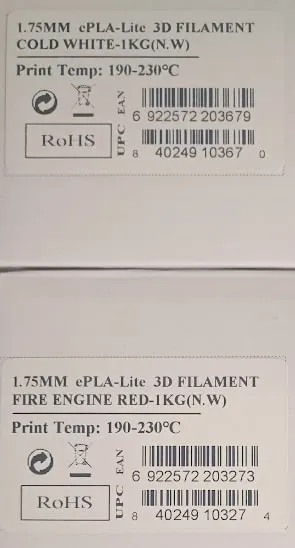 Étiquettes de deux boîtes de filament eSUN ePLA-Lite 1,75 mm 1 kg, coloris Cold White et Fire Engine Red, température d'impression 190-230 °C